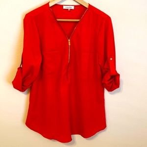 Calvin Klein Blouse, Red Orange, 3/4 Sleeve